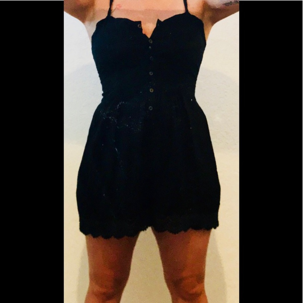 Black button up spaghetti straps shorts onesie
